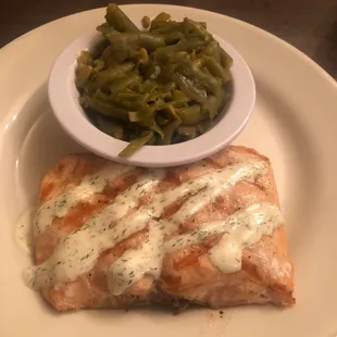 Grilled salmon and green beans (not pictured--my second side was the side salad).