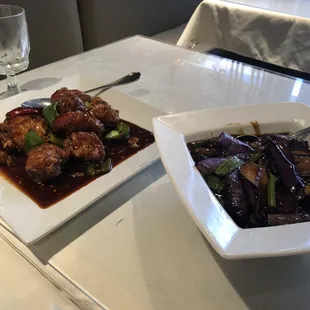General Tso&apos;s chicken &amp; eggplant with garlic sauce
