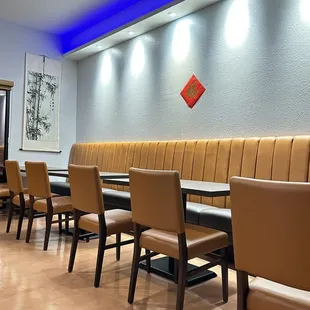 a row of chairs in a restaurant