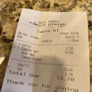 a receipt on a counter