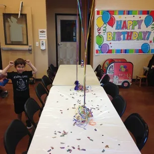 Here's a birthday party set up in the lobby of our preschool gymnasium.