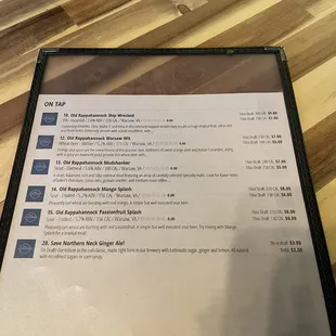 Back of tap menu