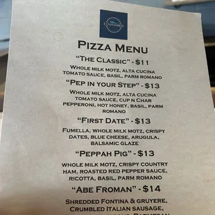 Pizza menu