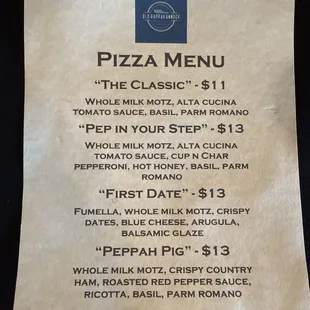 Pizza menu