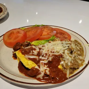 Half Chile Colorado and Half Chile Verde Omelet