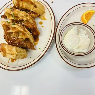 Korean chicken and waffles with your choice of 2 eggs any style.