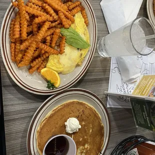 My favorite meal there... a bacon avocado pepper Jack cheese egg omelet with sweet potato fries and a gluten free pancake.