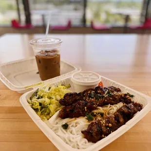 BUN THIT NUÖNG (GRILLED BROWN SUGAR PORK) and iced coffee