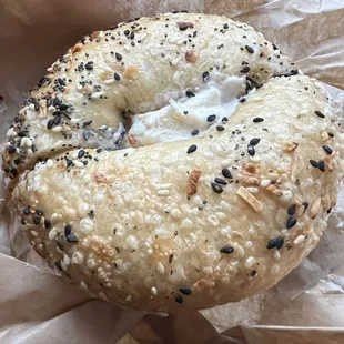 The Everything Bagel with cream cheese and smoked fish. 1-27-2024