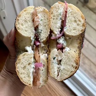 Kippered salmon bagel sandwich