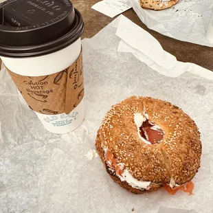 Sesame Bagel with Cream cheese and lox