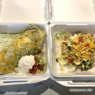 Veggie burrito on left with 1 Bean Tostada a La Carte on right