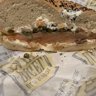 Lox with capers and lox cream cheese on a poppy seed bagel. (No tomatoe and onion)