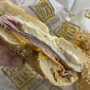 Breakfast bagel with ham.