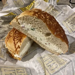 Asiago bagel and chive/onion cream cheese