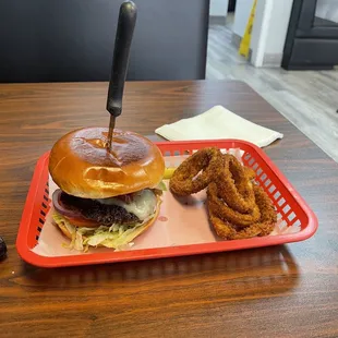 a burger and onion rings