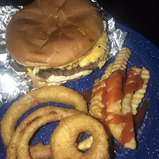 Jumbo cheese burger was perfectly seasoned and juicy!!! Fries and onion rings were HOT