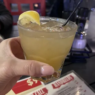 Peach lemonade with Wheatley vodka, lemonade,peach, fresh lemon juice for just nine dollars. Very yummy.