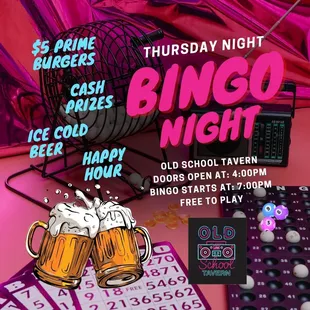 Every Thursday night is Bingo Night with $5 prime angus burgers! Free to play Bingo, win prizes and even a cash pot!