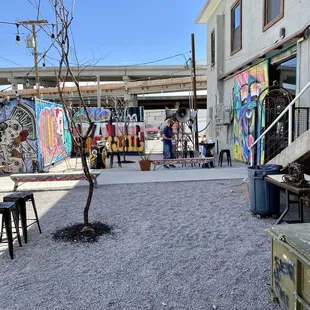Super chill patio with fun artwork to look at.