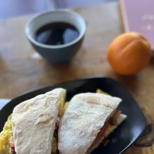 Standard breakfast sandwich on ciabatta bread.