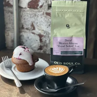 Blueberry muffins with a decaf cappuccino.