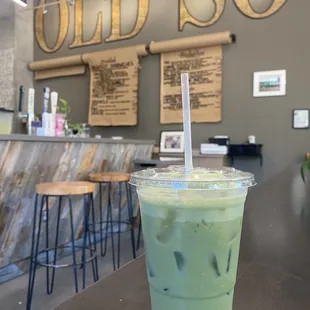Iced matcha latte with pistachio milk
