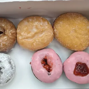 Pumpkin, Glazed jelly filled, Sugar jelly filled Chocolate powder, and two Chocolate strawberry