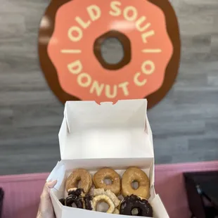 1/2 dozen doughnuts  * glazed * chocolate glazed * Birthday cake * Chocolate Birthday cake