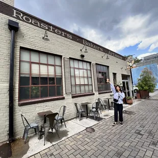 Entrance  of cafe with our coffee