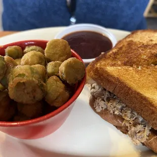 Pulled pork sandwich with fried okra