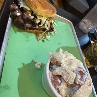 brisket sandwich with potato salad