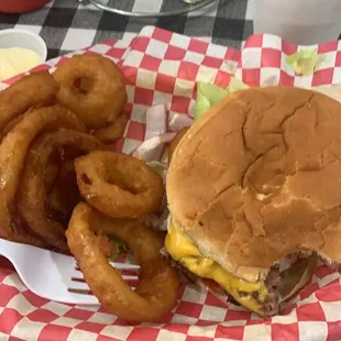 a burger and onion rings