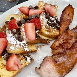 French Toast w/ Chocolate Chips + Strawberries &amp; Bacon