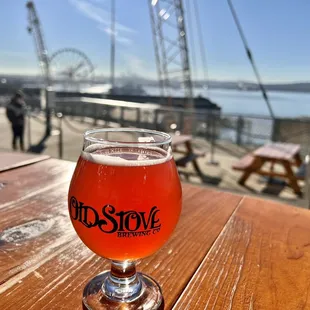 Cherry sour beer on the sunny patio