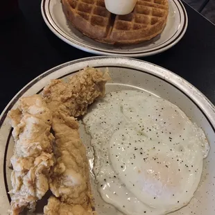 Chicken and waffle with 2 eggs over-easy