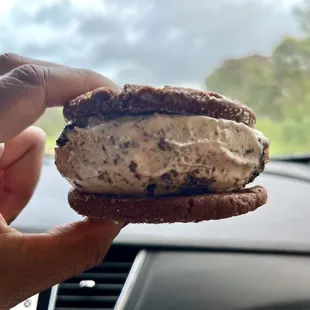a hand holding an ice cream sandwich