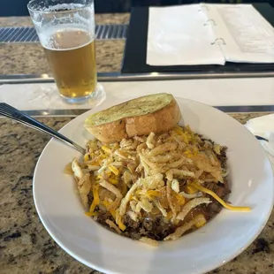 Brisket bowl n beer on ice bar.