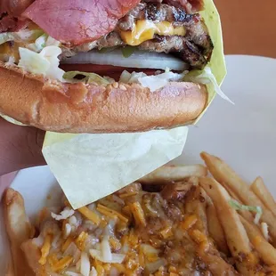 Double pastrami burger and chili cheese fries. Bomb!