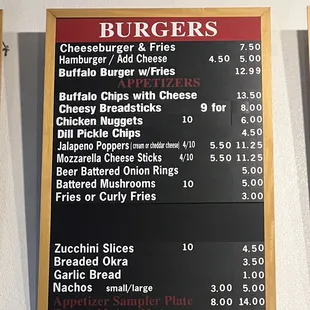 Menu burgers