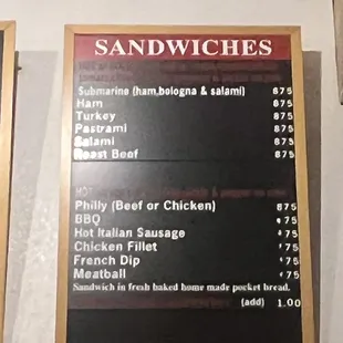 Menu sandwiches