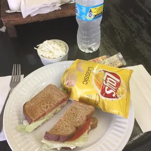 Chicken salad sandwich, chips and coleslaw