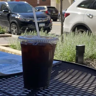 Cold brew, strong hazelnut tones, feat. patio view of downtown Owatonna