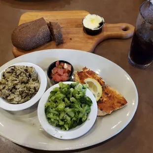 Salmon steak with Pico de Gallo on the side, plus steamed broccoli and wild rice for sides! Fresh brown bread, too!
