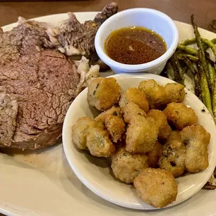 Slow Roasted Prime Rib with Fried Okra and Roasted Asparagus