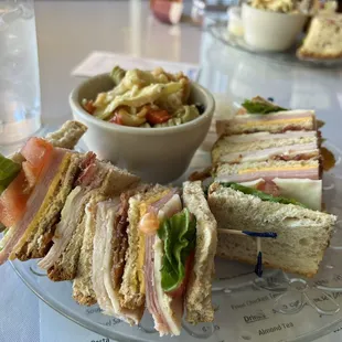 Club sandwich and pasta salad.