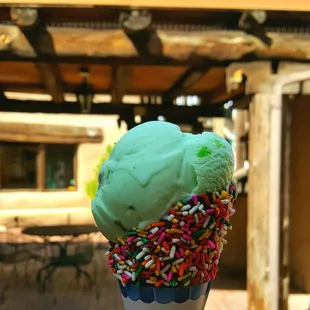 a hand holding an ice cream cone with sprinkles