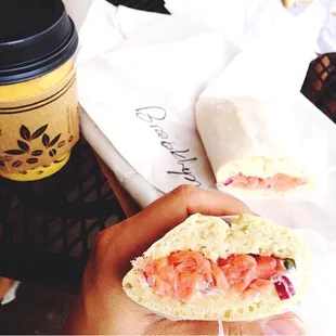 Da Brooklyn! Smoked salmon, cream cheese and capers on toasted bread with a cup of coffee on the side.