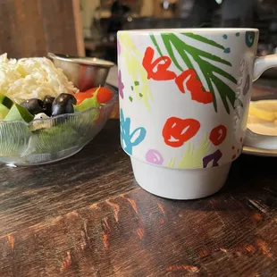 Cute mug and a side of fresh garden salad