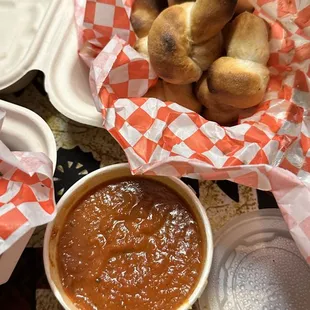 Bread knots with marinara sauce.